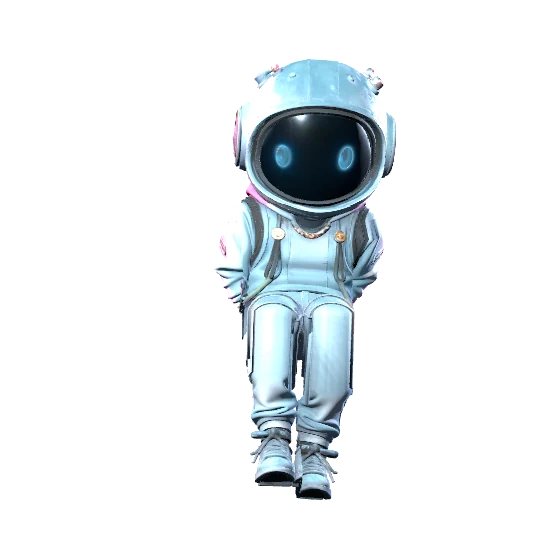 Eddie, a small astronaut with luminous blue eyes and his hands behind his back
